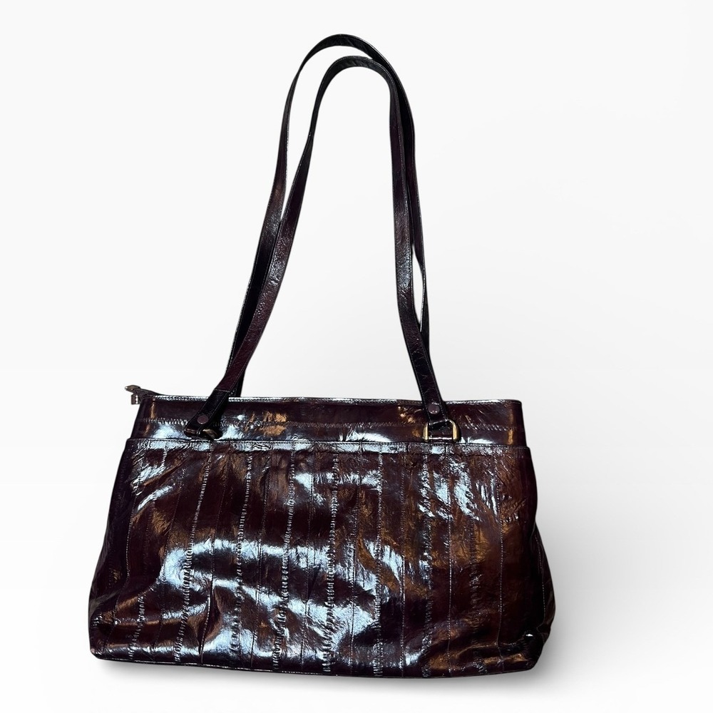 Vintage Burgundy Genuine‎ Eel Skin Shoulder Bag Handbag Korea High Shine 80's